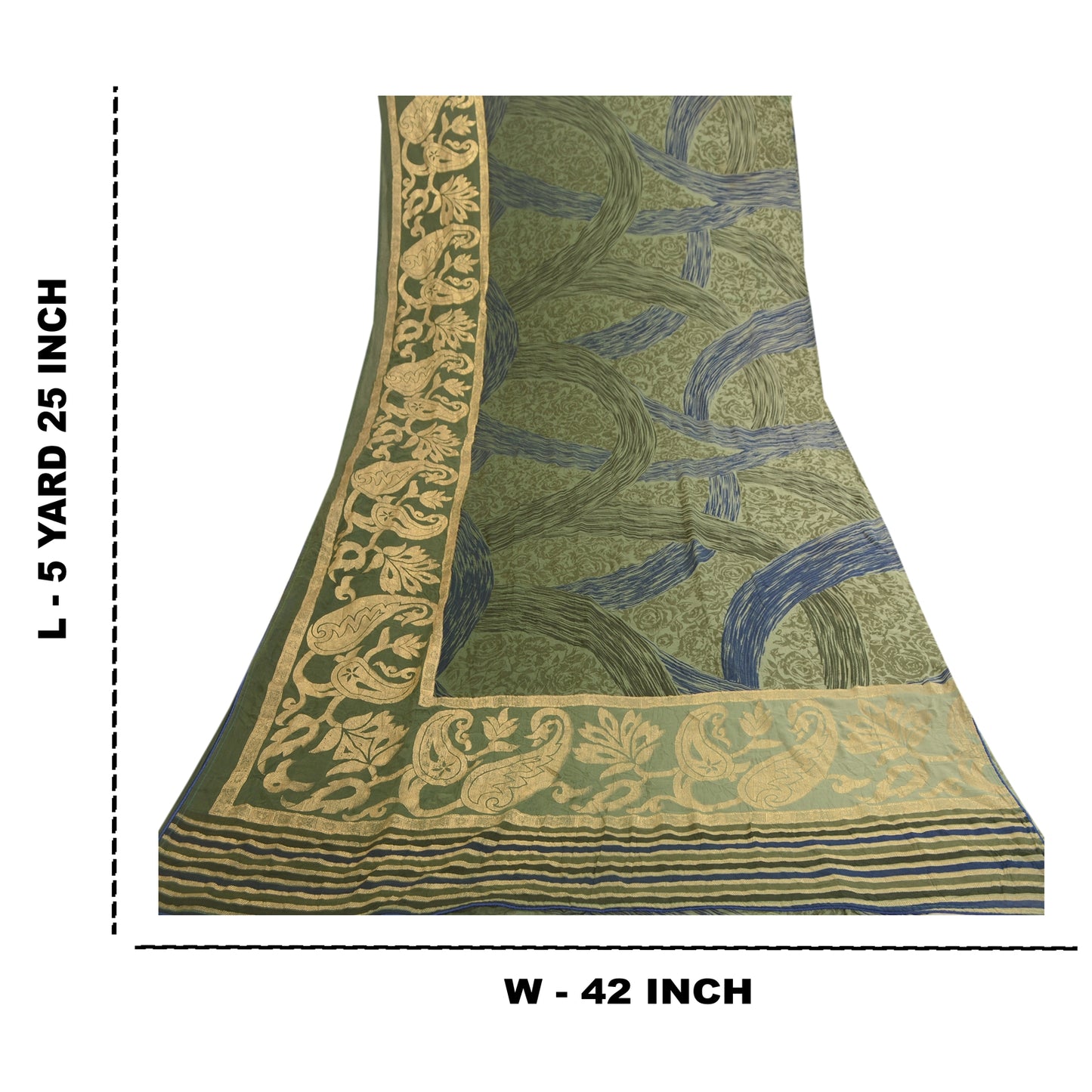 Sanskriti Vintage Georgette From India Green Printed Saree 5 Yd Craft Fabric Floral Recycled For Quilting Felting, Home Decor