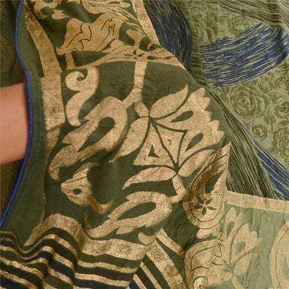 Sanskriti Vintage Georgette From India Green Printed Saree 5 Yd Craft Fabric Floral Recycled For Quilting Felting, Home Decor