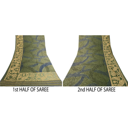 Sanskriti Vintage Georgette From India Green Printed Saree 5 Yd Craft Fabric Floral Recycled For Quilting Felting, Home Decor