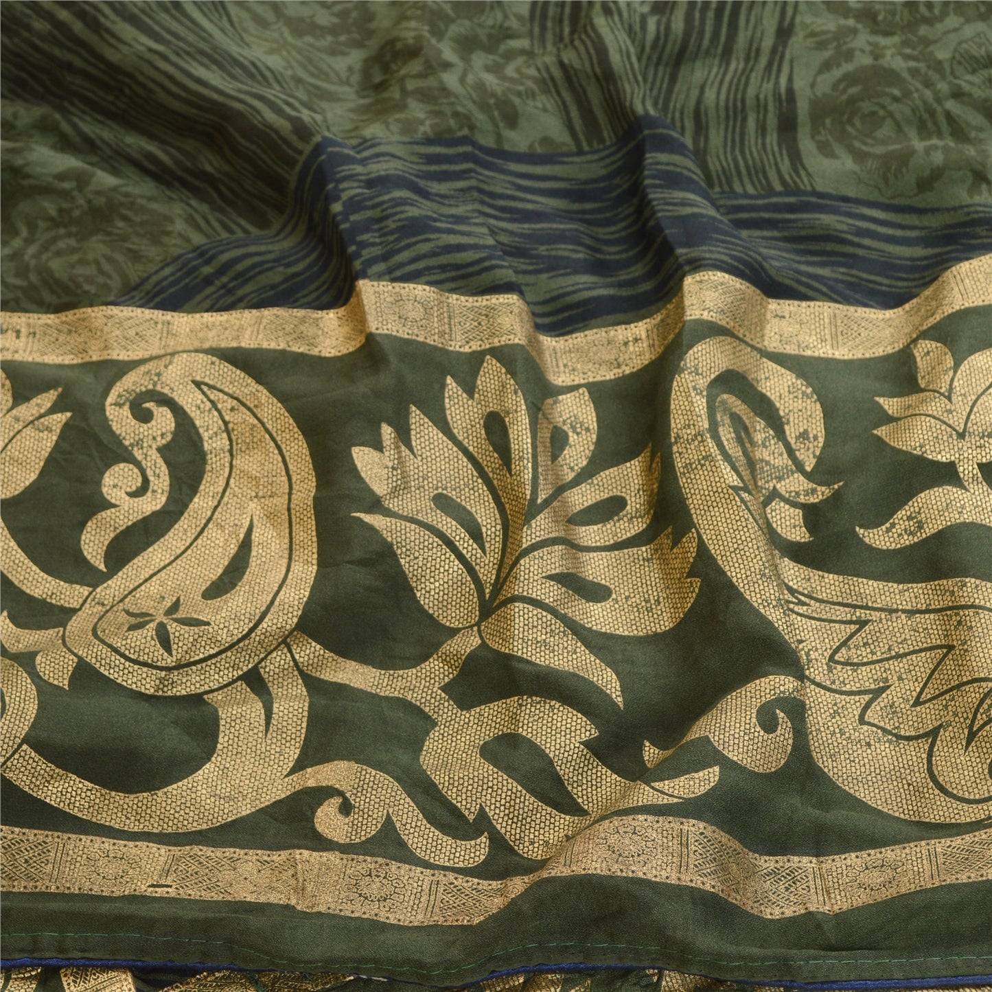 Sanskriti Vintage Georgette From India Green Printed Saree 5 Yd Craft Fabric Floral Recycled For Quilting Felting, Home Decor