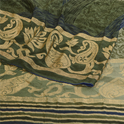 Sanskriti Vintage Georgette From India Green Printed Saree 5 Yd Craft Fabric Floral Recycled For Quilting Felting, Home Decor