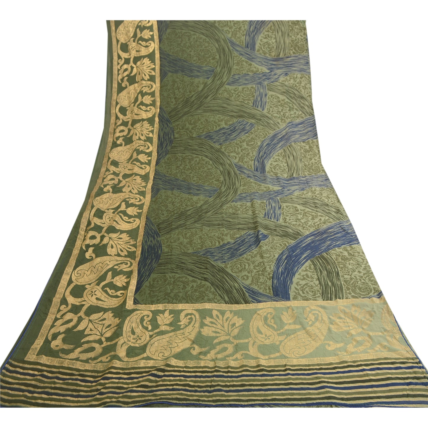Sanskriti Vintage Georgette From India Green Printed Saree 5 Yd Craft Fabric Floral Recycled For Quilting Felting, Home Decor