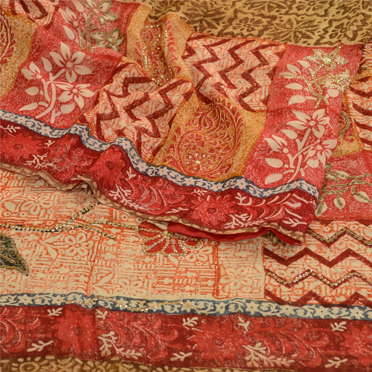 Sanskriti Vintage Sarees Hand Beaded Green Blend Georgette Printed Sari Sustainable Fabric