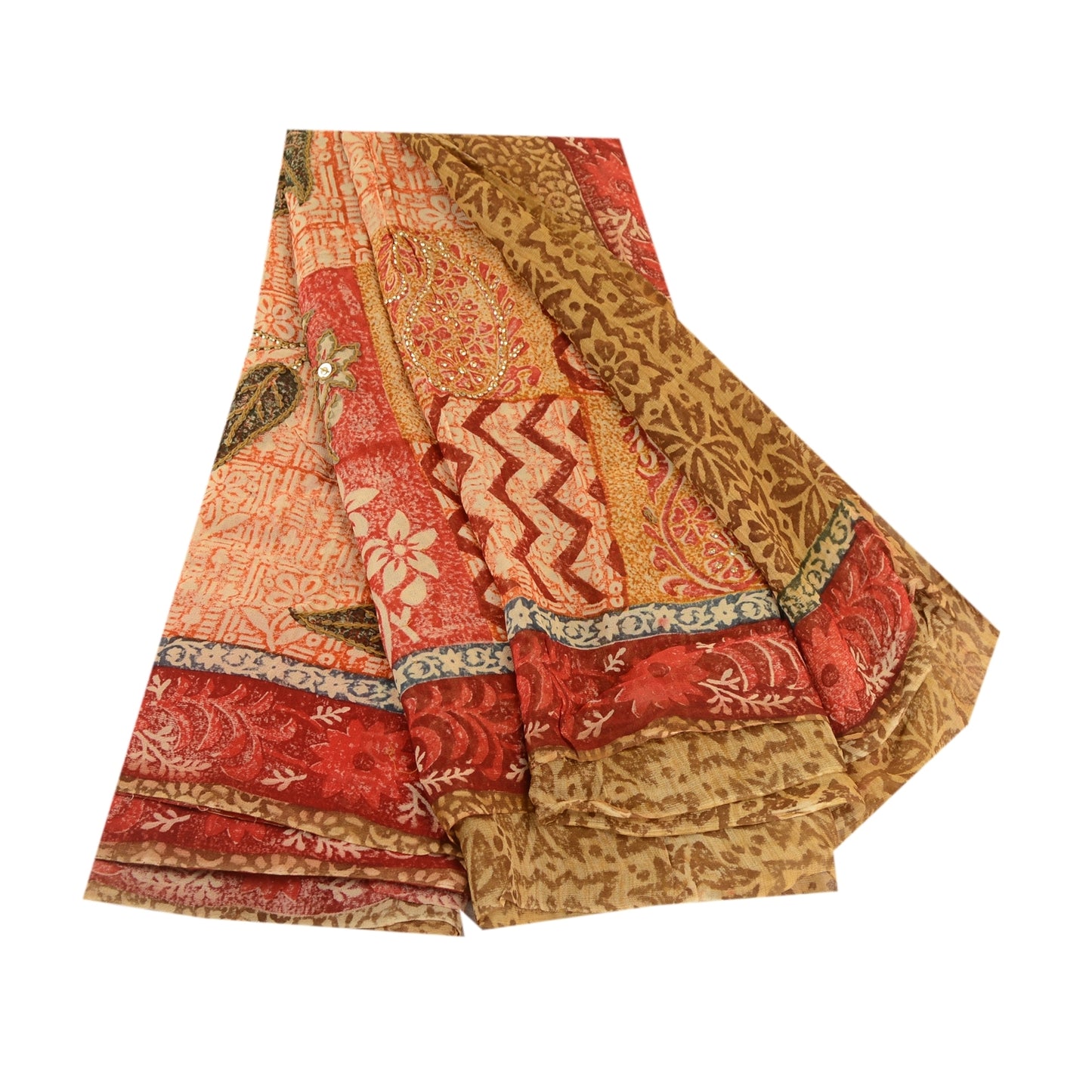 Sanskriti Vintage Sarees Hand Beaded Green Blend Georgette Printed Sari Sustainable Fabric