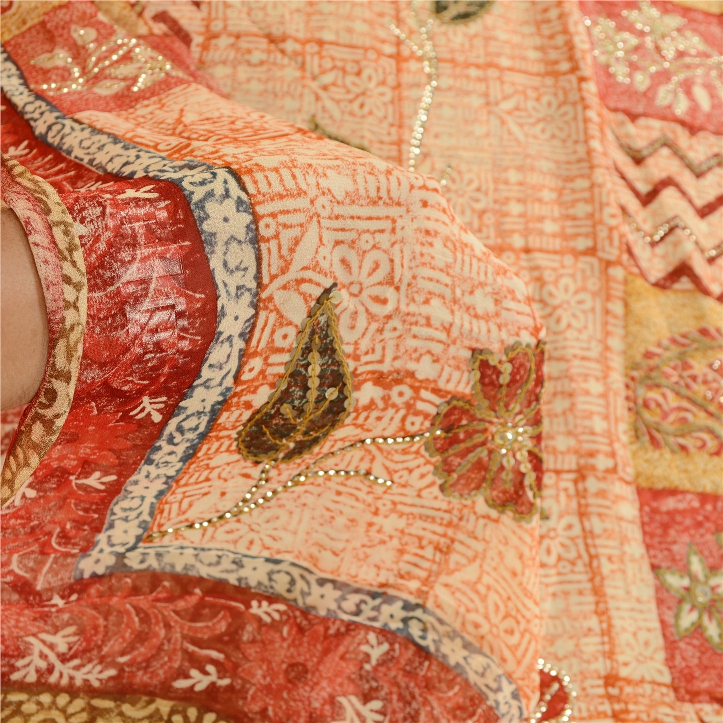Sanskriti Vintage Sarees Hand Beaded Green Blend Georgette Printed Sari Sustainable Fabric