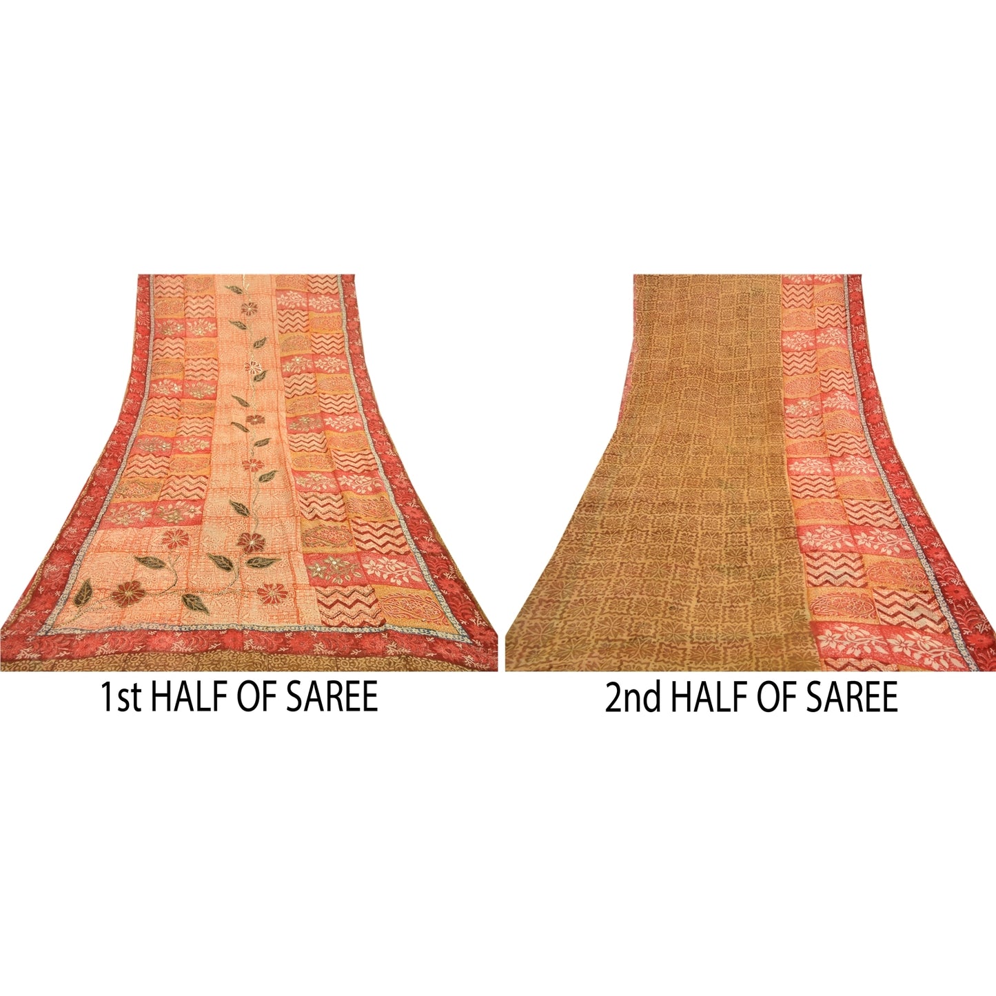 Sanskriti Vintage Sarees Hand Beaded Green Blend Georgette Printed Sari Sustainable Fabric