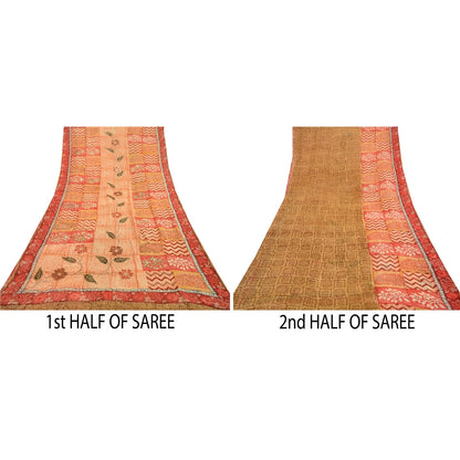 Sanskriti Vintage Sarees Hand Beaded Green Blend Georgette Printed Sari Sustainable Fabric