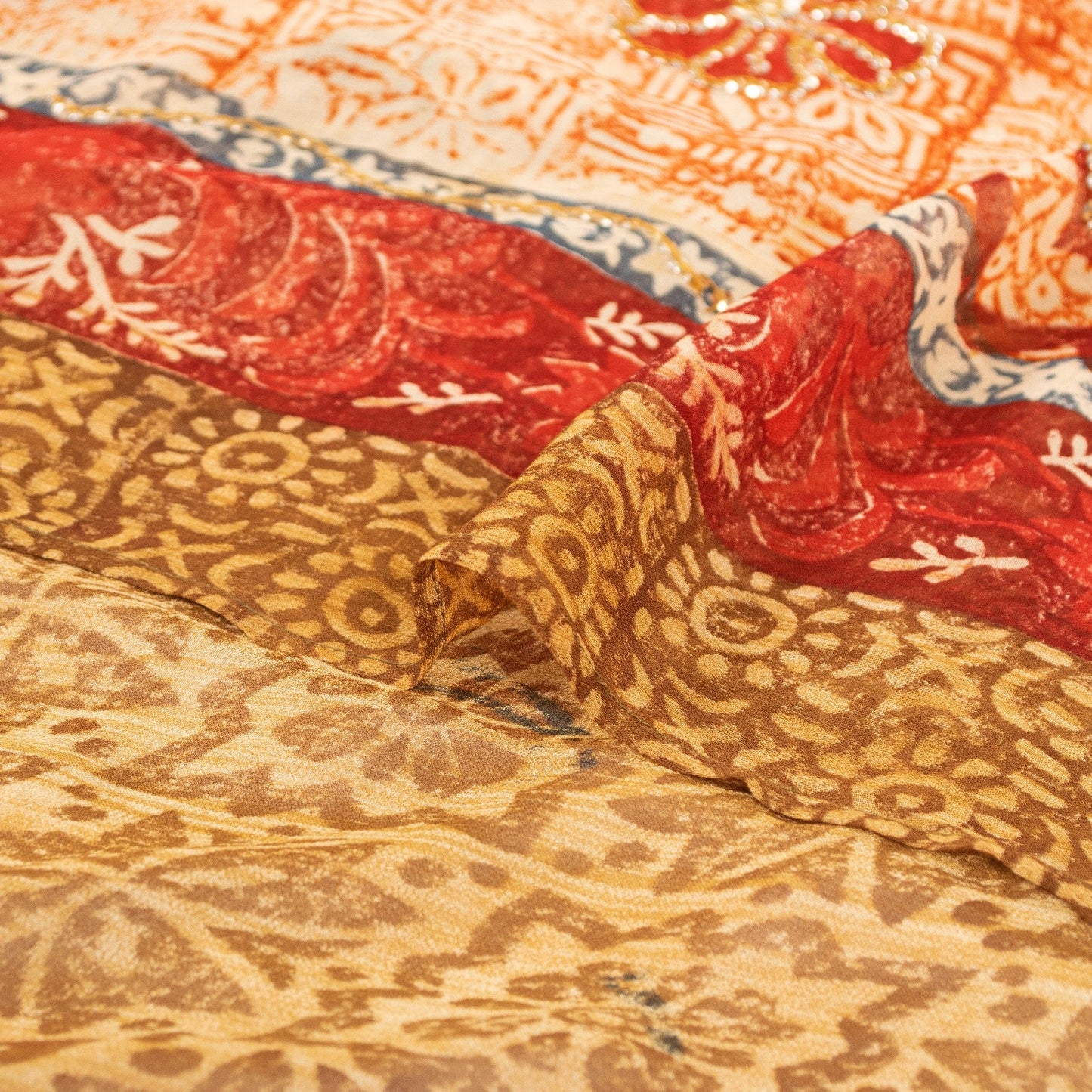 Sanskriti Vintage Sarees Hand Beaded Green Blend Georgette Printed Sari Sustainable Fabric
