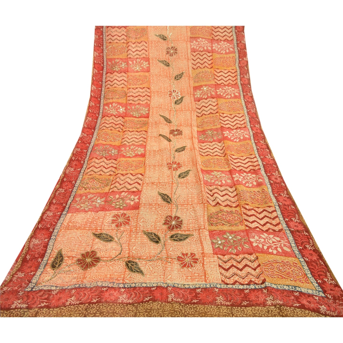 Sanskriti Vintage Sarees Hand Beaded Green Blend Georgette Printed Sari Sustainable Fabric