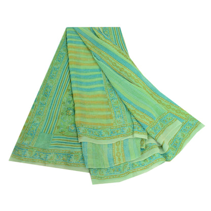 Sanskriti Vintage Sarees Green Pure Georgette Silk Printed Sari 5yd Craft Sustainable Fabric