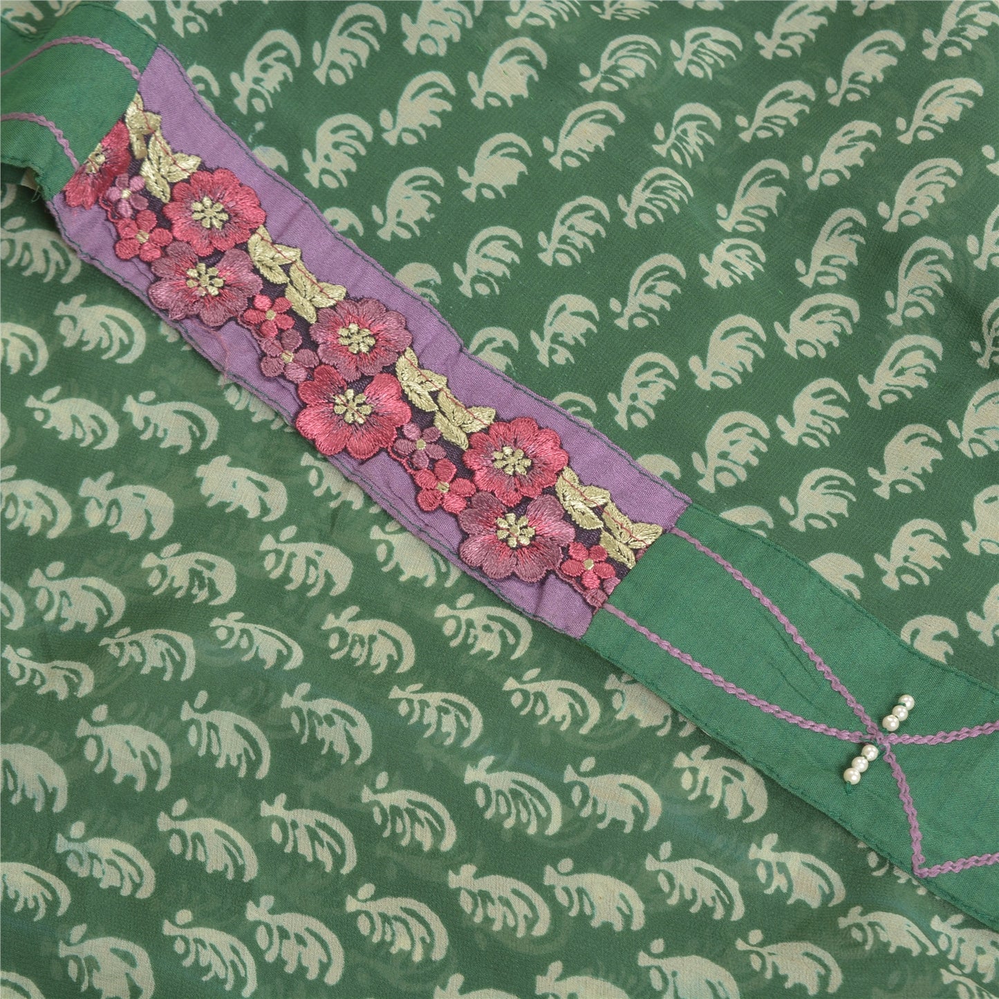 Sanskriti Vintage Sarees Green Pure Georgette Silk Printed Sari 5yd Craft Sustainable Fabric