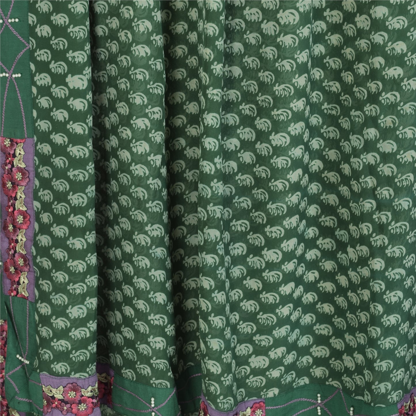 Sanskriti Vintage Sarees Green Pure Georgette Silk Printed Sari 5yd Craft Sustainable Fabric