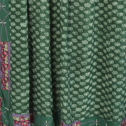 Sanskriti Vintage Sarees Green Pure Georgette Silk Printed Sari 5yd Craft Sustainable Fabric