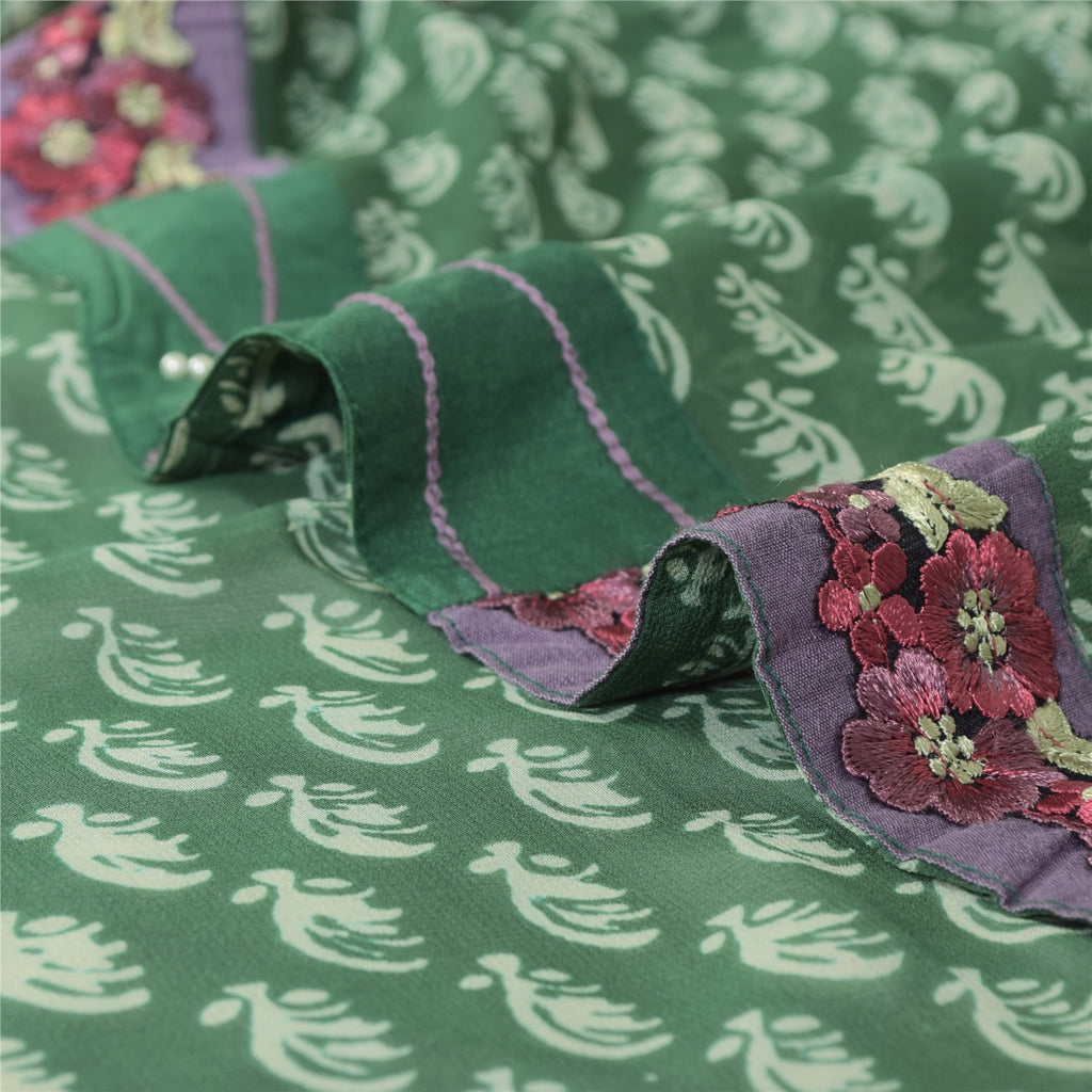 Sanskriti Vintage Sarees Green Pure Georgette Silk Printed Sari 5yd Craft Sustainable Fabric