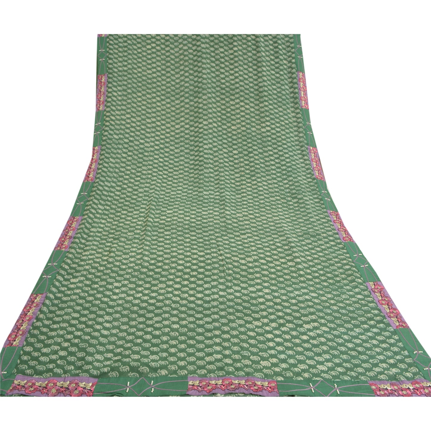 Sanskriti Vintage Sarees Green Pure Georgette Silk Printed Sari 5yd Craft Sustainable Fabric