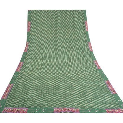 Sanskriti Vintage Sarees Green Pure Georgette Silk Printed Sari 5yd Craft Sustainable Fabric