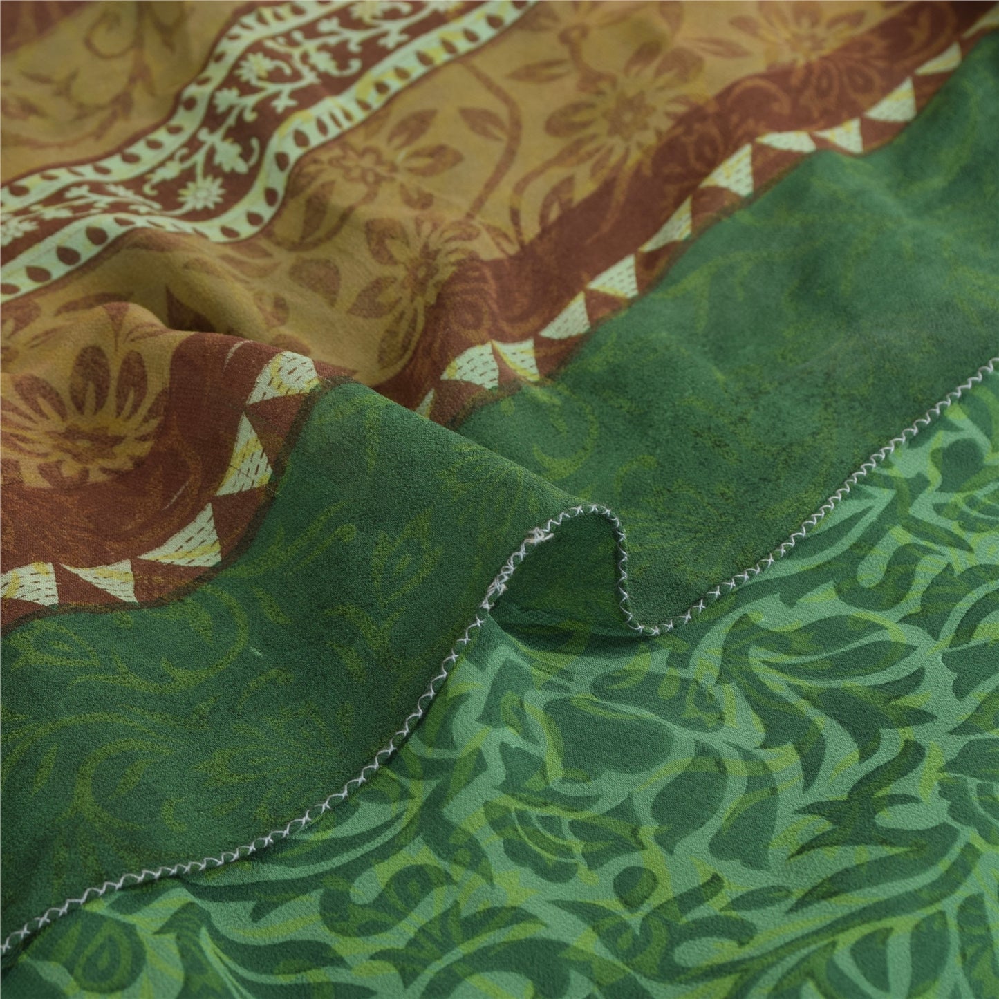 Sanskriti Vintage Sari 100% Pure Georgette Silk Green Floral Printed Saree 5Yd Craft Fabric Boho Quilting Material For DIY Projects