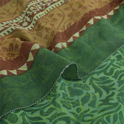 Sanskriti Vintage Sari 100% Pure Georgette Silk Green Floral Printed Saree 5Yd Craft Fabric Boho Quilting Material For DIY Projects
