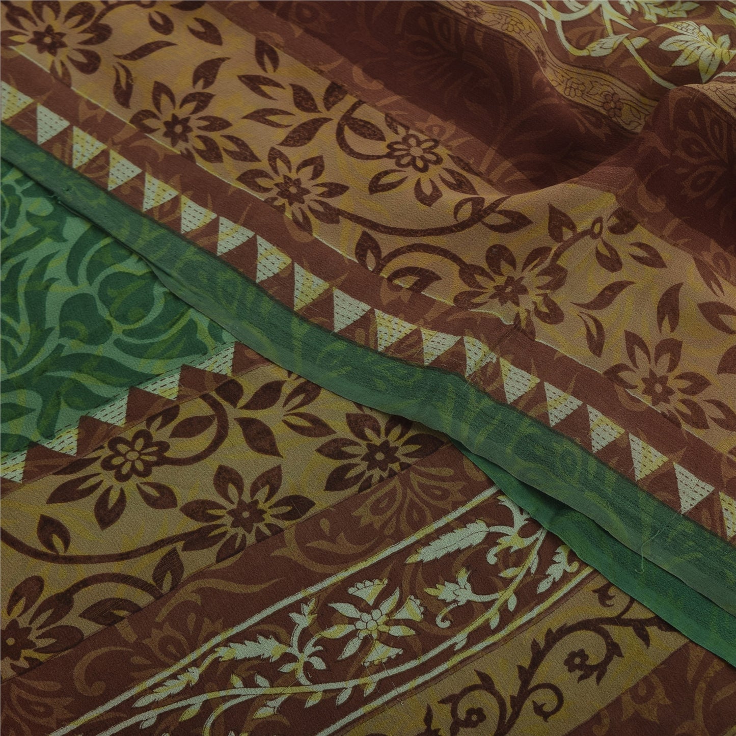 Sanskriti Vintage Sari 100% Pure Georgette Silk Green Floral Printed Saree 5Yd Craft Fabric Boho Quilting Material For DIY Projects