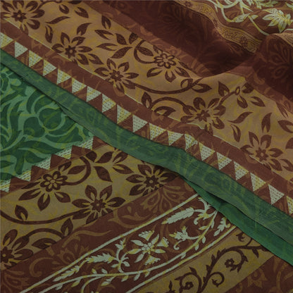 Sanskriti Vintage Sari 100% Pure Georgette Silk Green Floral Printed Saree 5Yd Craft Fabric Boho Quilting Material For DIY Projects
