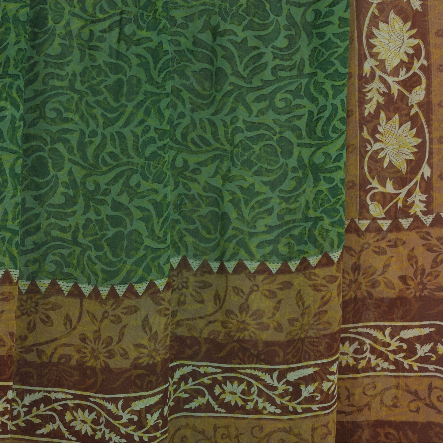 Sanskriti Vintage Sari 100% Pure Georgette Silk Green Floral Printed Saree 5Yd Craft Fabric Boho Quilting Material For DIY Projects