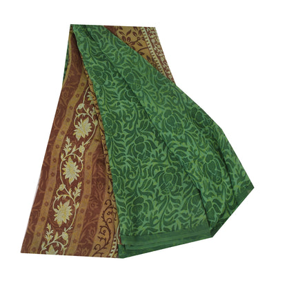 Sanskriti Vintage Sari 100% Pure Georgette Silk Green Floral Printed Saree 5Yd Craft Fabric Boho Quilting Material For DIY Projects