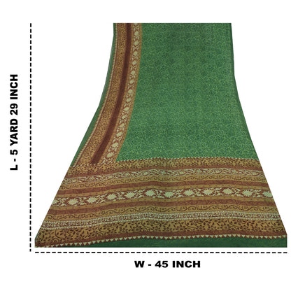 Sanskriti Vintage Sari 100% Pure Georgette Silk Green Floral Printed Saree 5Yd Craft Fabric Boho Quilting Material For DIY Projects