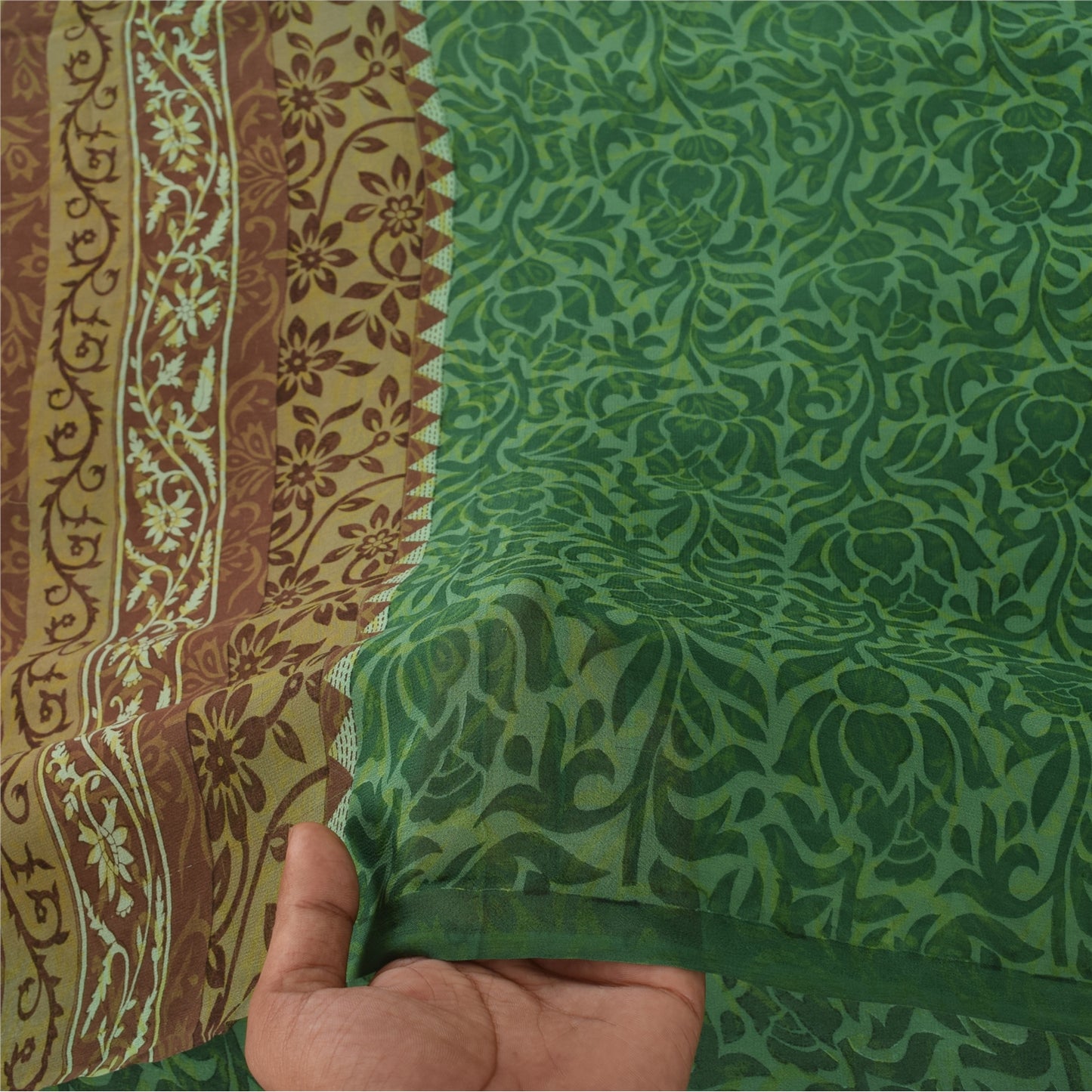 Sanskriti Vintage Sari 100% Pure Georgette Silk Green Floral Printed Saree 5Yd Craft Fabric Boho Quilting Material For DIY Projects