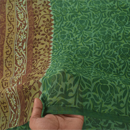 Sanskriti Vintage Sari 100% Pure Georgette Silk Green Floral Printed Saree 5Yd Craft Fabric Boho Quilting Material For DIY Projects