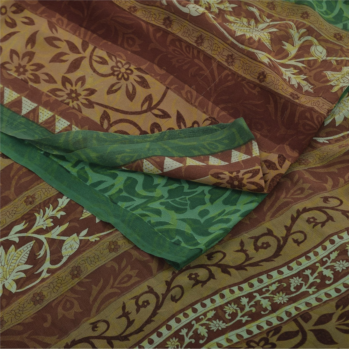 Sanskriti Vintage Sari 100% Pure Georgette Silk Green Floral Printed Saree 5Yd Craft Fabric Boho Quilting Material For DIY Projects