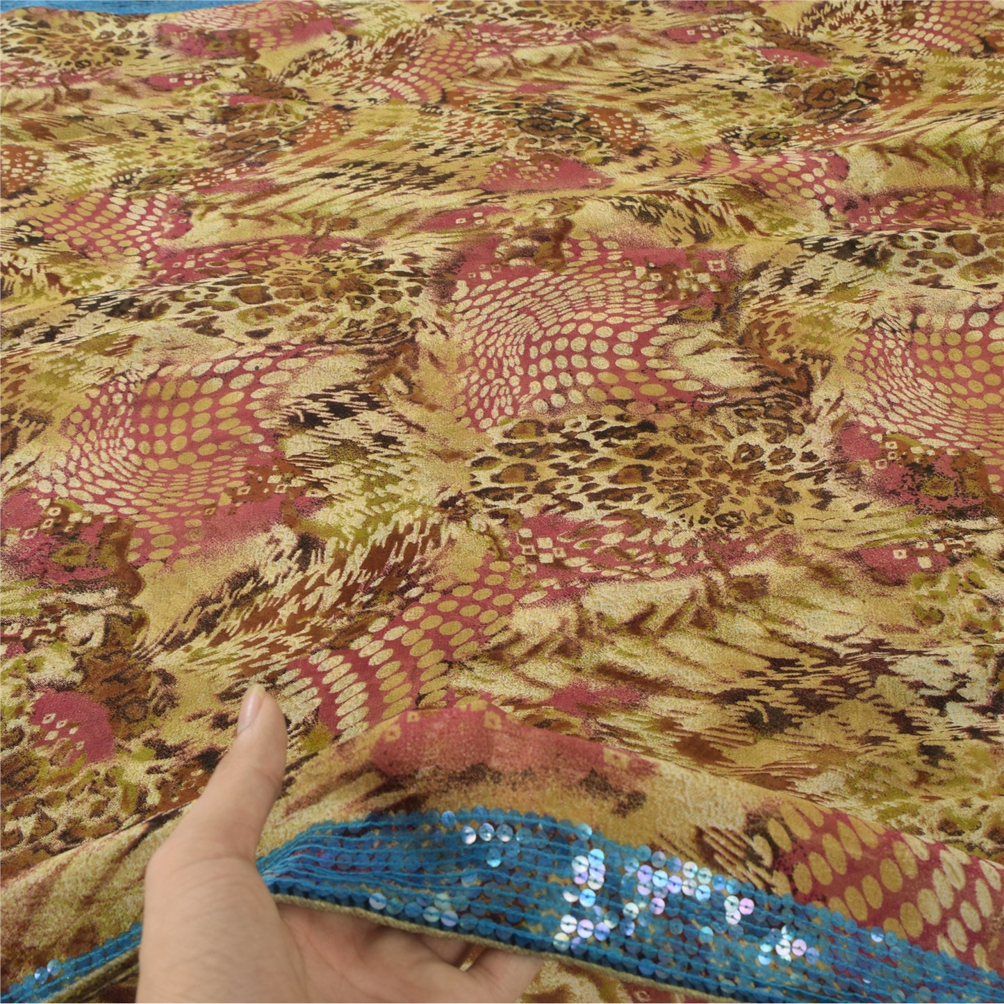 Sanskriti Vintage 100% Pure Georgette Silk Multicolor Printed Sarees 5Yd Craft Fabric Home Decor, Women Floral Outfit, Silk Scrap