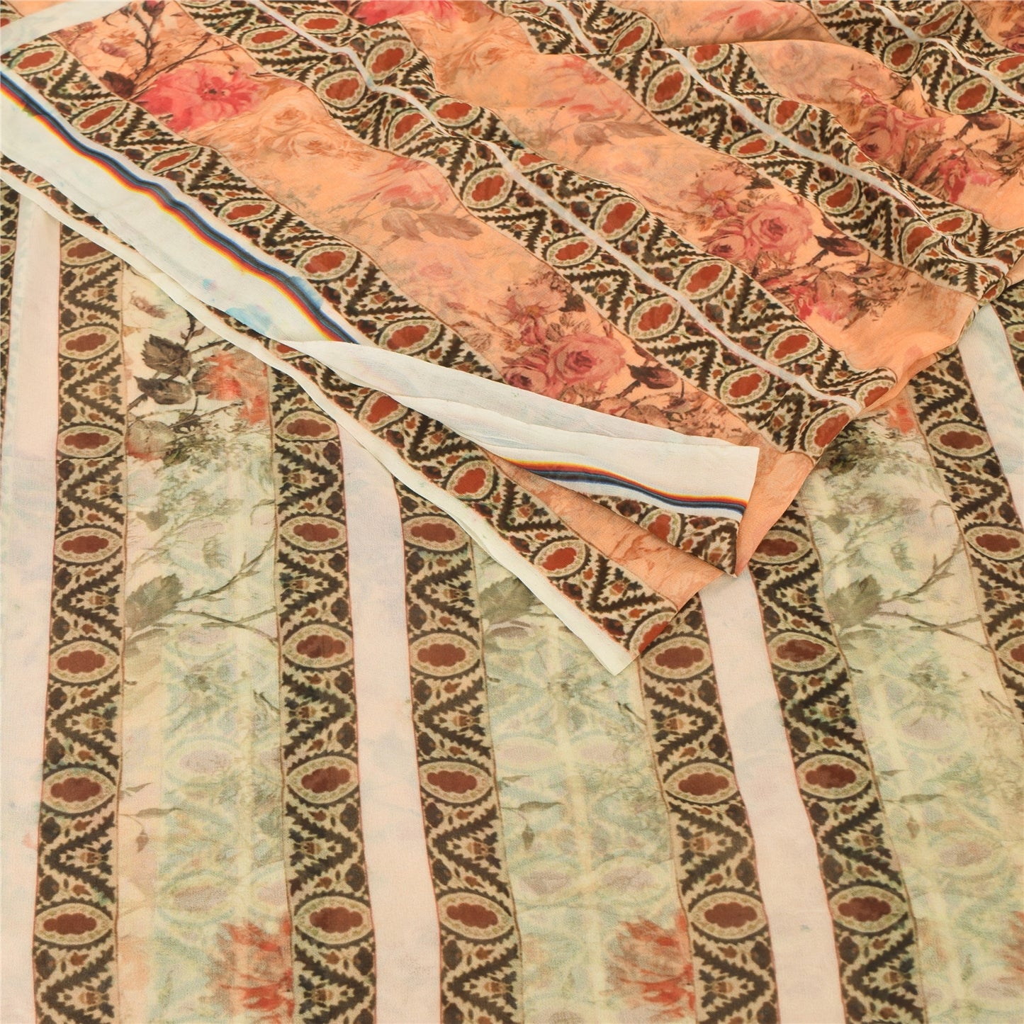 Sanskriti Vintage Sari 100% Pure Georgette Silk Peach Indian Printed Sarees 4+YD Craft Fabric upholstery fabric