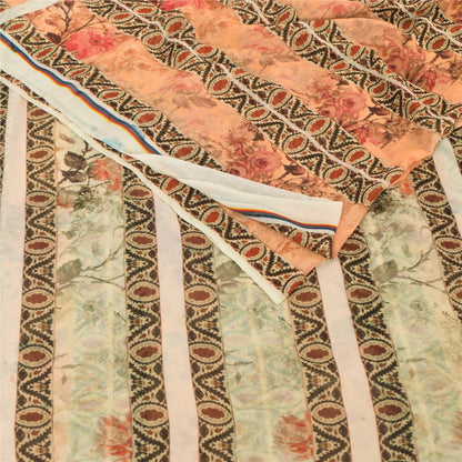 Sanskriti Vintage Sari 100% Pure Georgette Silk Peach Indian Printed Sarees 4+YD Craft Fabric upholstery fabric