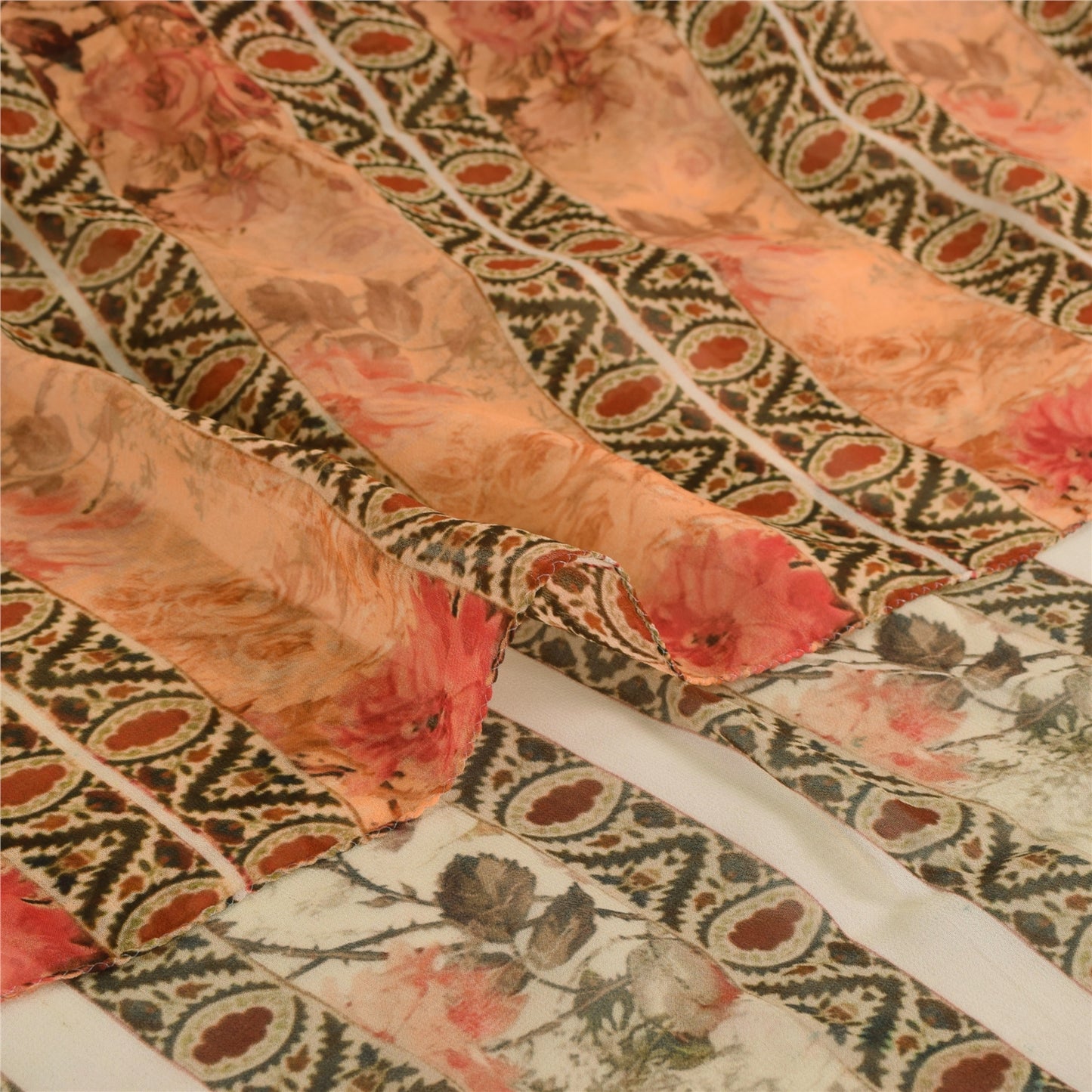 Sanskriti Vintage Sari 100% Pure Georgette Silk Peach Indian Printed Sarees 4+YD Craft Fabric upholstery fabric