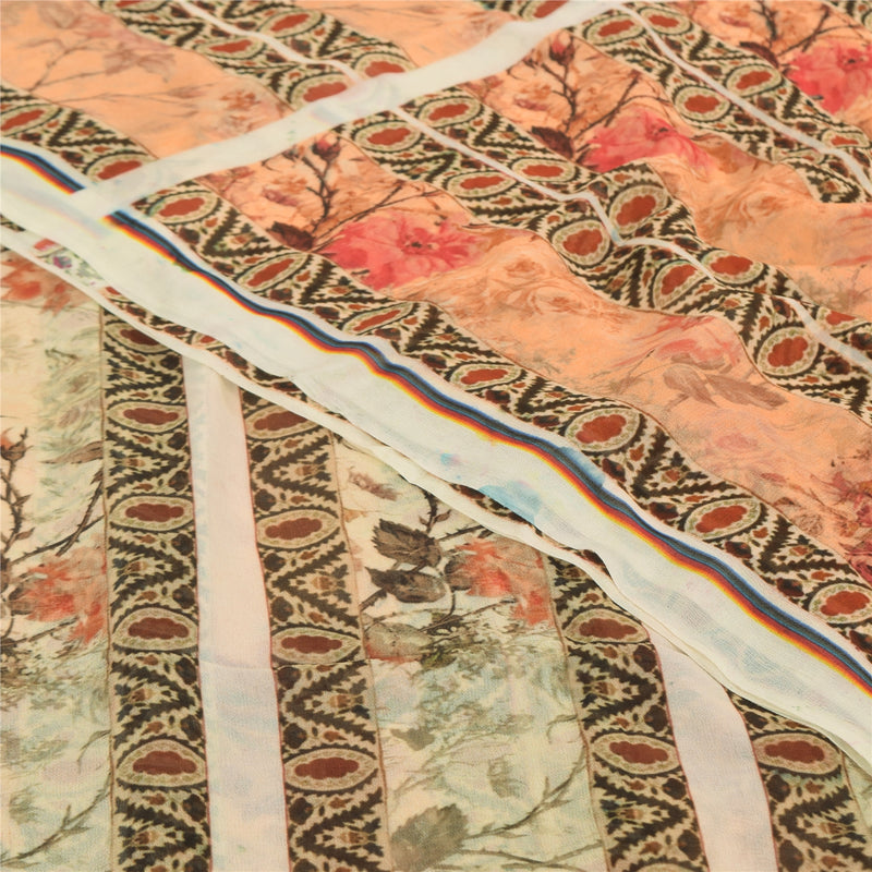 Sanskriti Vintage Sari 100% Pure Georgette Silk Peach Indian Printed Sarees 4+YD Craft Fabric upholstery fabric
