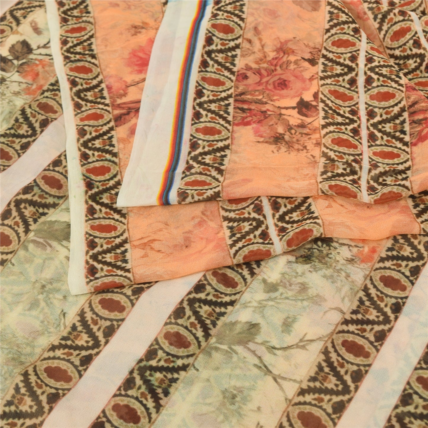 Sanskriti Vintage Sari 100% Pure Georgette Silk Peach Indian Printed Sarees 4+YD Craft Fabric upholstery fabric