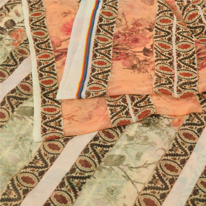 Sanskriti Vintage Sari 100% Pure Georgette Silk Peach Indian Printed Sarees 4+YD Craft Fabric upholstery fabric