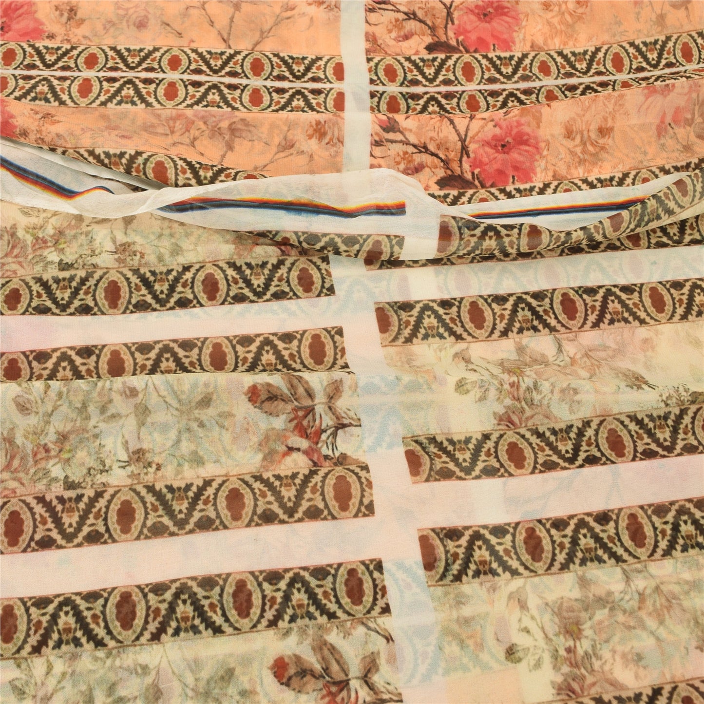 Sanskriti Vintage Sari 100% Pure Georgette Silk Peach Indian Printed Sarees 4+YD Craft Fabric upholstery fabric