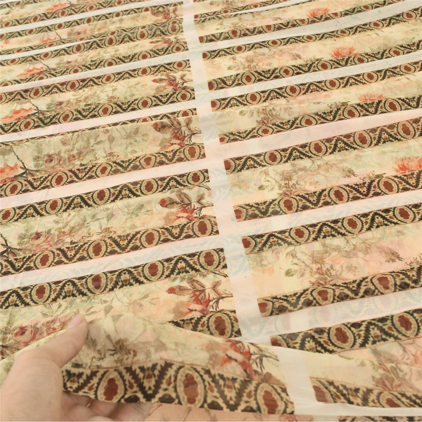 Sanskriti Vintage Sari 100% Pure Georgette Silk Peach Indian Printed Sarees 4+YD Craft Fabric upholstery fabric