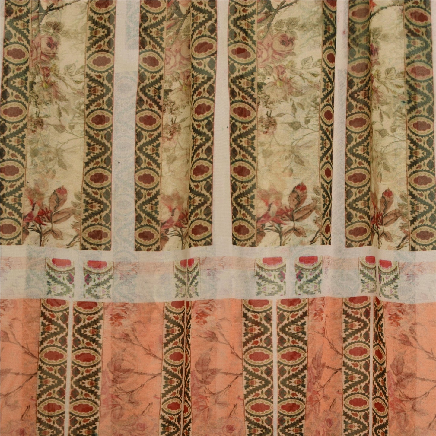 Sanskriti Vintage Sari 100% Pure Georgette Silk Peach Indian Printed Sarees 4+YD Craft Fabric upholstery fabric