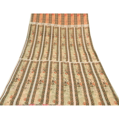 Sanskriti Vintage Sari 100% Pure Georgette Silk Peach Indian Printed Sarees 4+YD Craft Fabric upholstery fabric