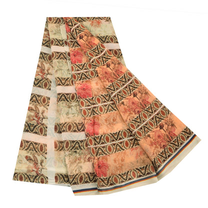 Sanskriti Vintage Sari 100% Pure Georgette Silk Peach Indian Printed Sarees 4+YD Craft Fabric upholstery fabric