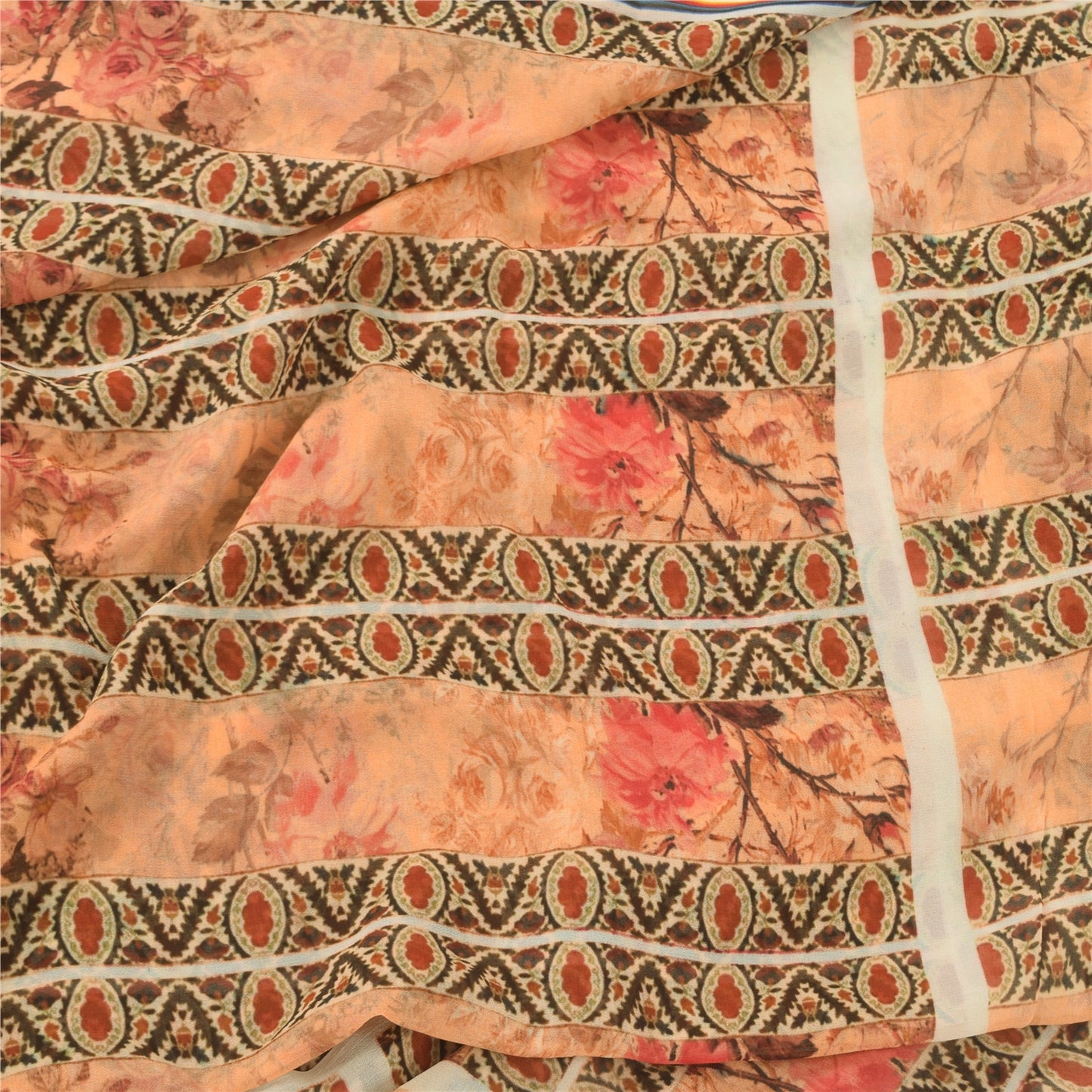 Sanskriti Vintage Sari 100% Pure Georgette Silk Peach Indian Printed Sarees 4+YD Craft Fabric upholstery fabric