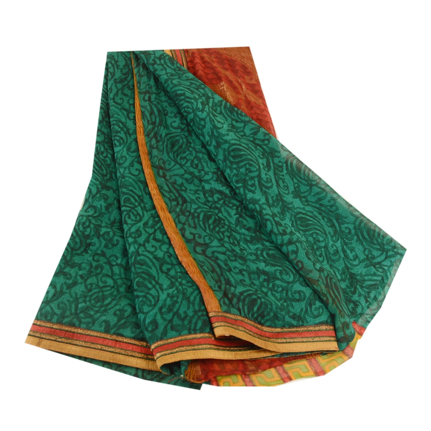 Сари Sanskriti Vintage, зеленое сари из чистого шелка-жоржета с принтом, 5 ярдов, ткань для рукоделия из экологически чистой ткани