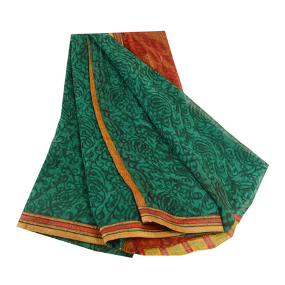 Сари Sanskriti Vintage, зеленое сари из чистого шелка-жоржета с принтом, 5 ярдов, ткань для рукоделия из экологически чистой ткани