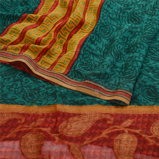 Sanskriti Vintage Sarees Grønne Ren Georgette Silke Trykte Sari 5yd Håndværk Bæredygtigt Stoff