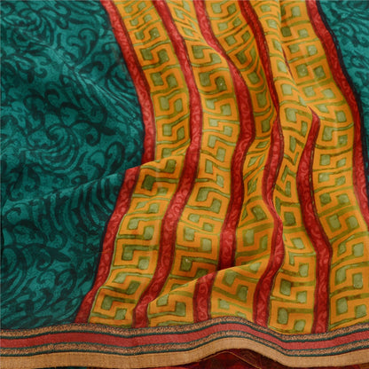 Сари Sanskriti Vintage, зеленое сари из чистого шелка-жоржета с принтом, 5 ярдов, ткань для рукоделия из экологически чистой ткани