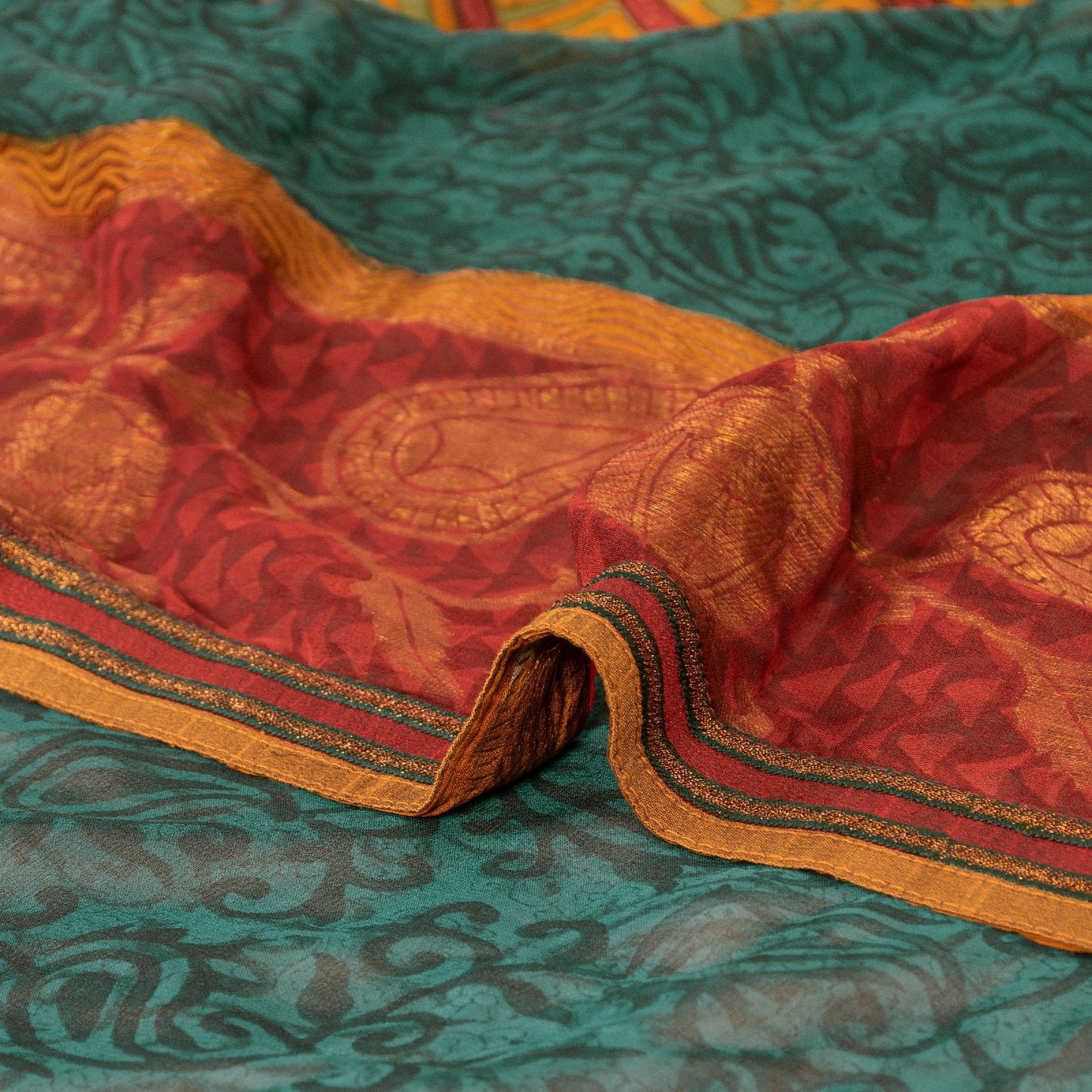 Сари Sanskriti Vintage, зеленое сари из чистого шелка-жоржета с принтом, 5 ярдов, ткань для рукоделия из экологически чистой ткани