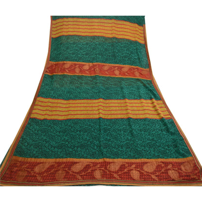 Сари Sanskriti Vintage, зеленое сари из чистого шелка-жоржета с принтом, 5 ярдов, ткань для рукоделия из экологически чистой ткани