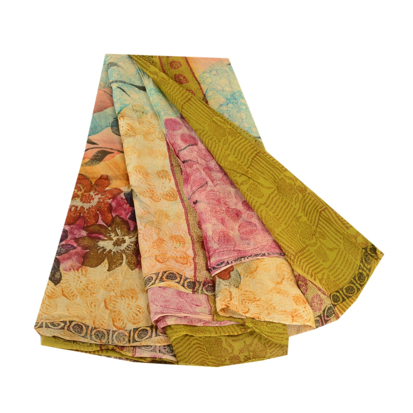 Sanskriti Vintage Blend Georgette Green Printed Sarees 5 YD Floral Craft Fabric upholstery fabric